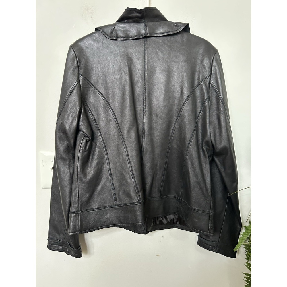 NWT Tahari Black Leather Jacket Ruffle Collar Moto Goth Coquette Whimsigoth XL - Picture 7 of 10